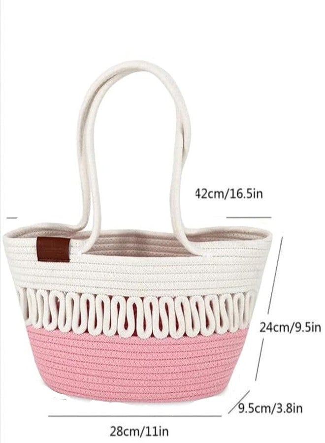 ROYAL TREND Women Stylish Pure Cotton Boho Fancy Handmade Handbags Tote Basket Bag Shoulder Purse For Ladies Girls College Office Shopping Travel Gift For Sister Pink White, 13.3" H x 16.5" L - Image 3